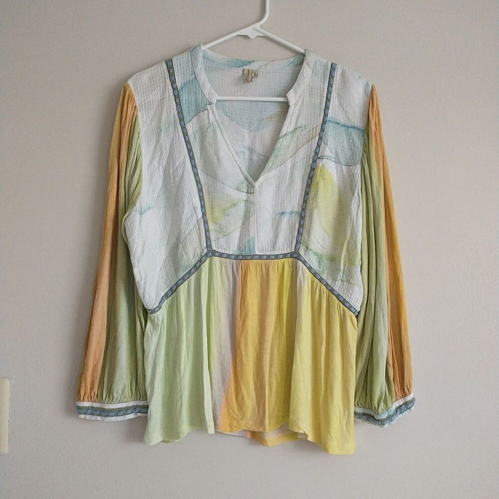 Anthropologie Blank London Top Tunic Womens L Rainbow Block Tie Dye Boho Artsy